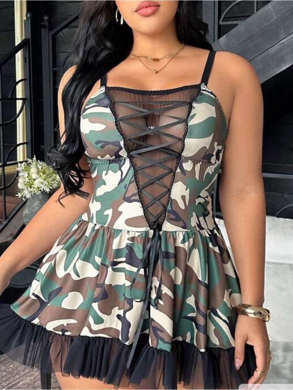 NWOT Camo Print Lingerie Dress with Mesh Inserts Plus Size 4X 22/24